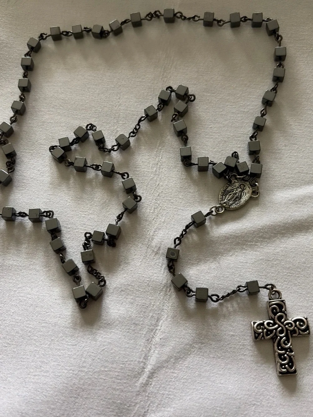 Gunmetal Rosary-Style Cross Necklace